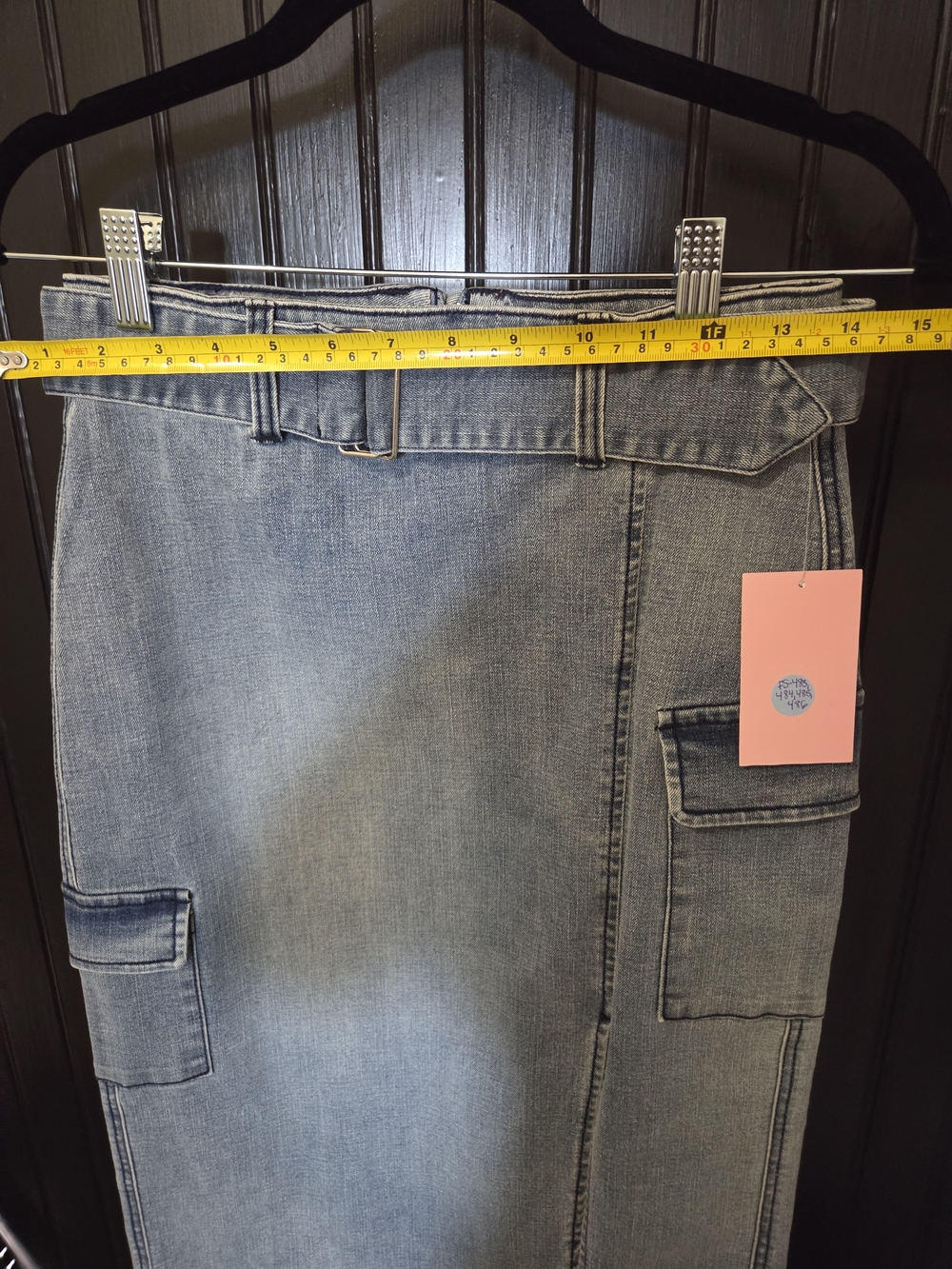 Light Blue Denim Midi Cargo Skirt with Belt